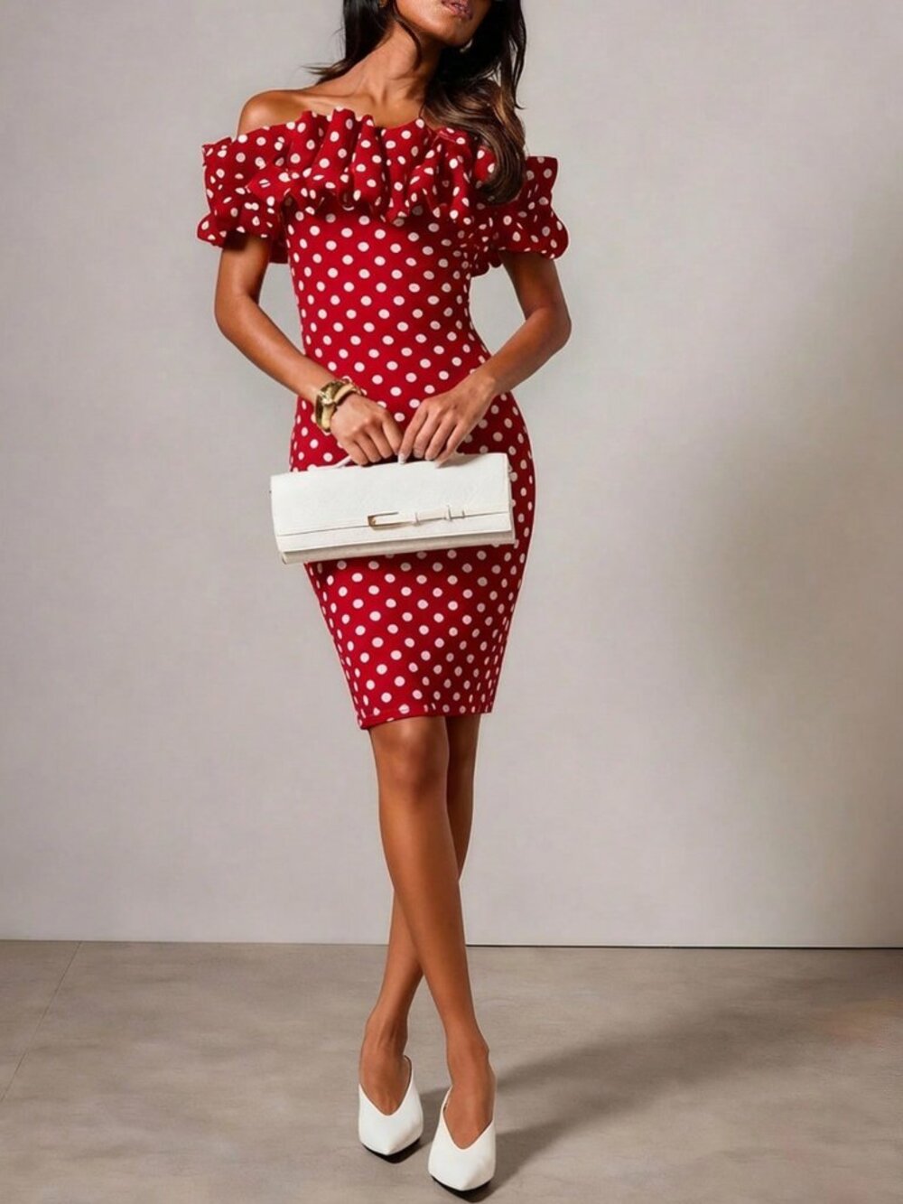 Red Elegant Women's Polka Dot print ruffled Off-Shoulder Mini Dress - Picture 4 of 6